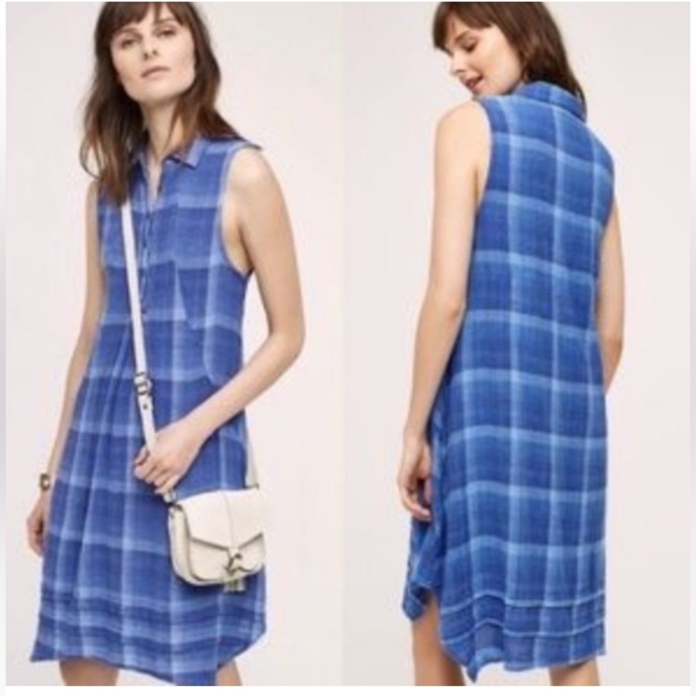 Anthropologie Isabella Sinclair Tillie Blue Sleeveless Collared‎ Check Dress XS
